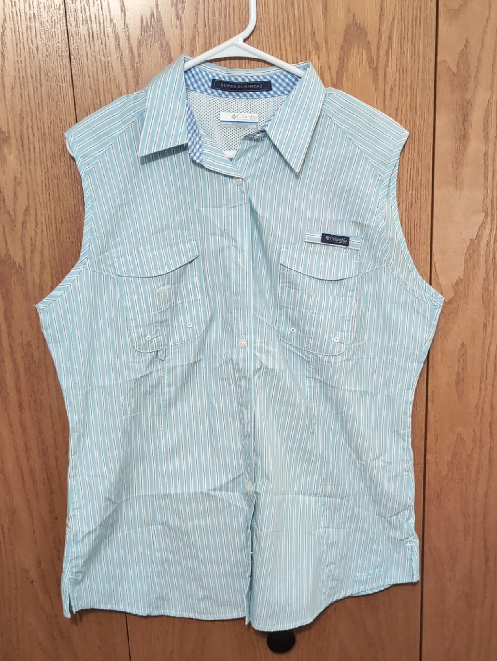 Columbia Women's Light Blue & White Striped Sleeveless Button Shirt